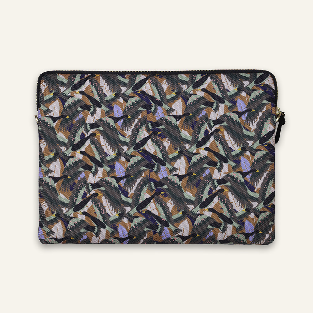 Pochette d'ordinateur oiseaux kaki avec rangement en cuir