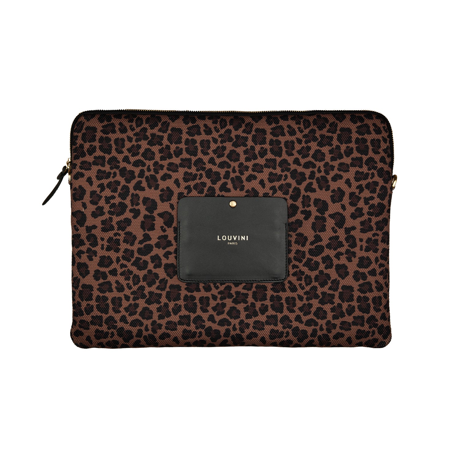 Pochette en tissu imprimé léopard avec détail en cuir noir, accessoire élégant et pratique