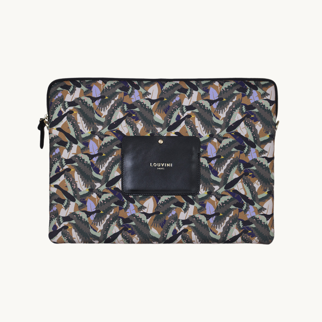 Pochette d'ordinateur oiseaux kaki avec rangement en cuir