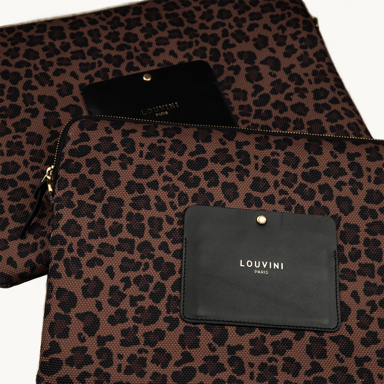Pochette d'ordinateur léopard avec rangement en cuir