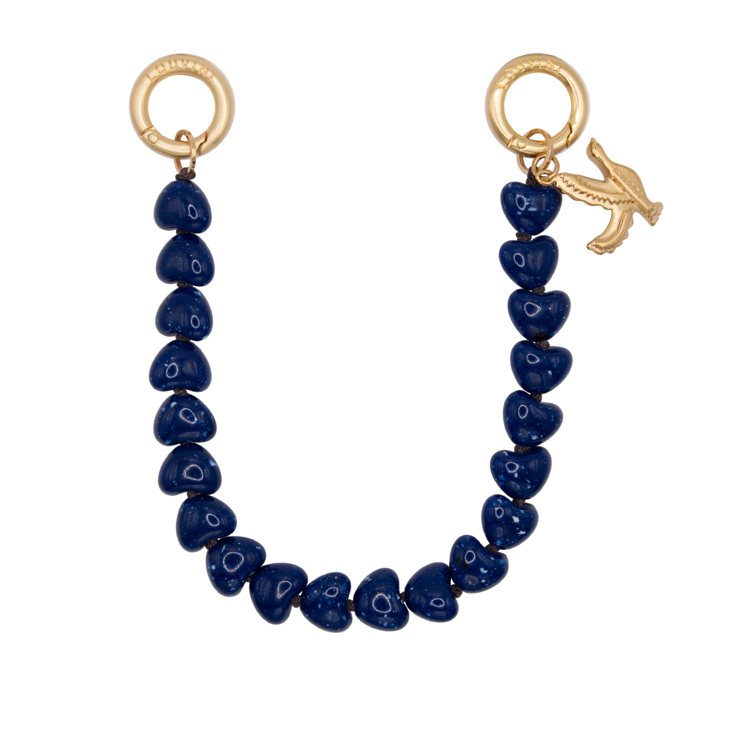 bracelet de téléphone à perles petits coeurs bleu marine et anneaux dorés