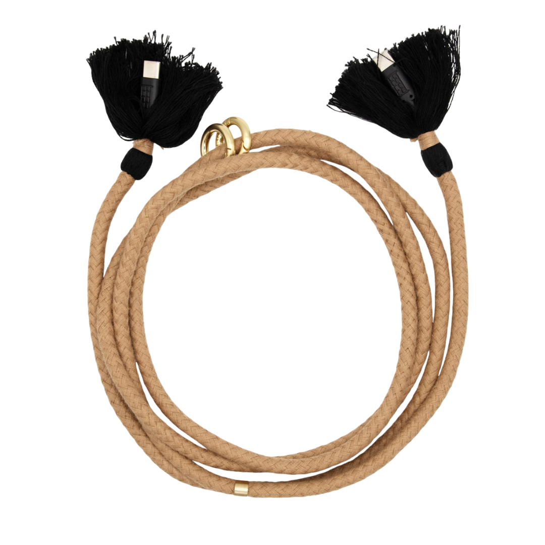 Cordon câble USB-C 2-1 en coton avec deux mousquetons camel