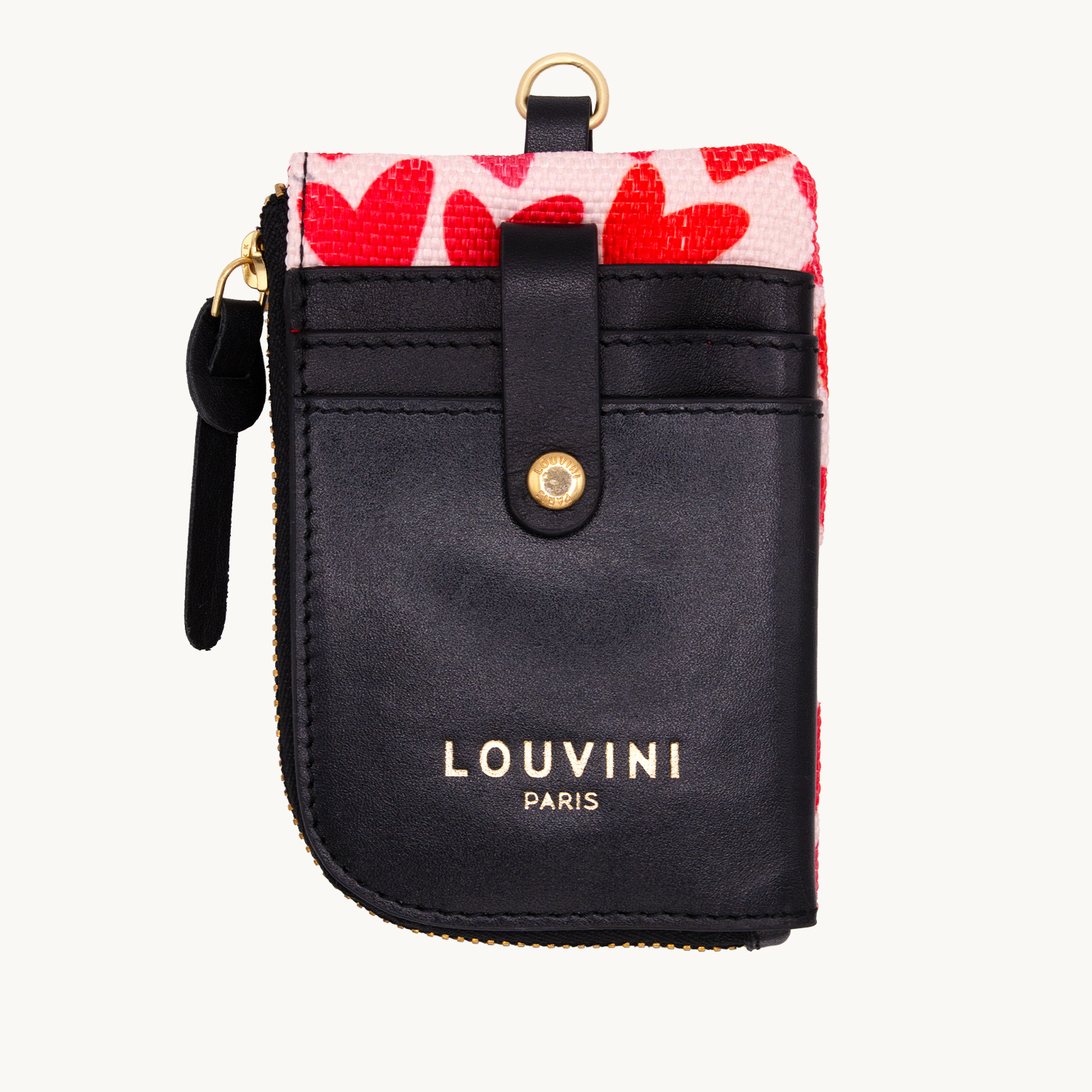 Porte-carte en tissu imprimer coeur et cuir avec porte-clé intégré