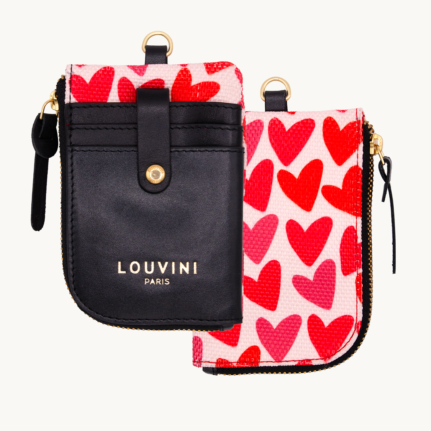 Porte-carte en tissu imprimer coeur et cuir avec porte-clé intégré