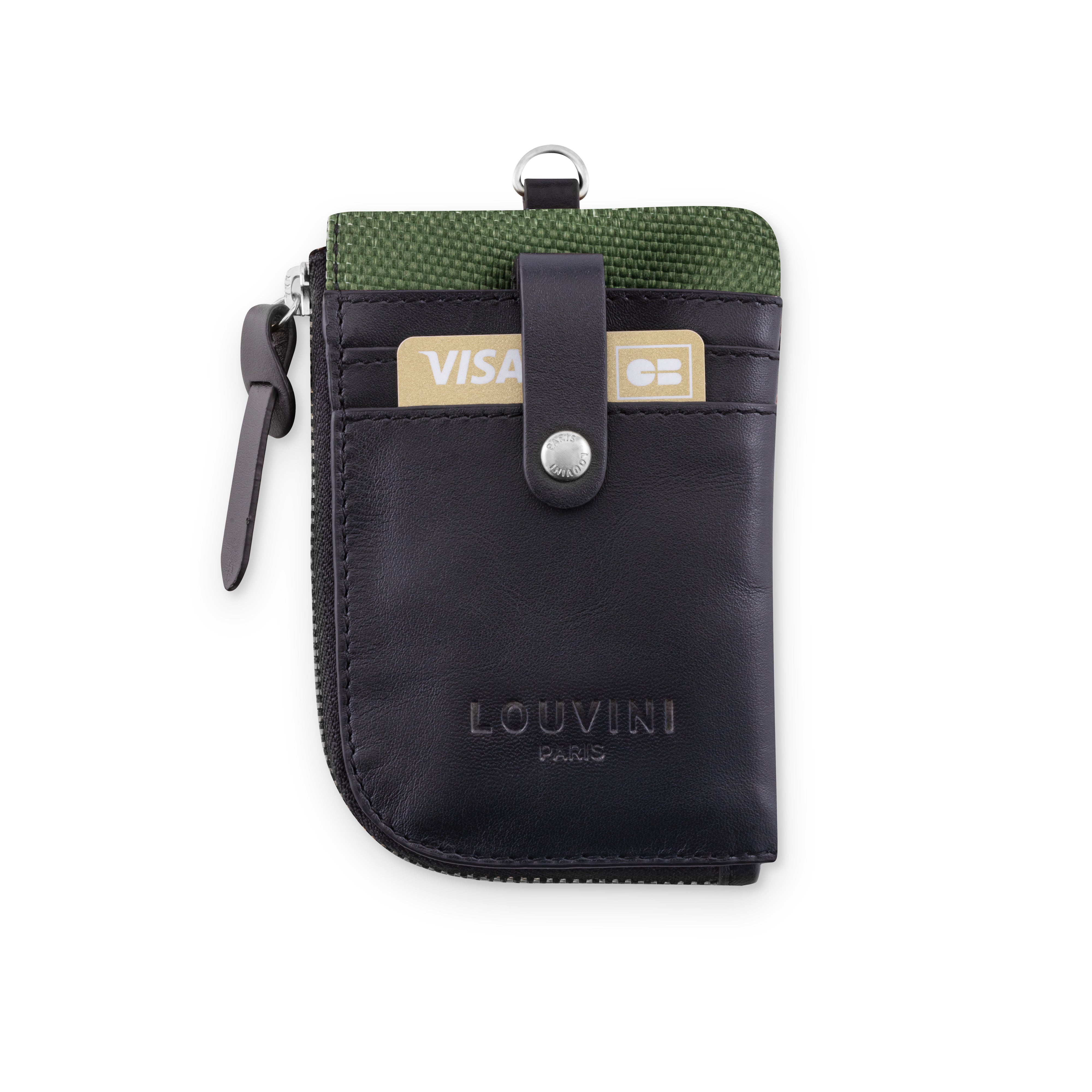Porte-cartes en tissu et cuir kaki, porte-monnaie à accrocher au sac, accessoire pratique et tendance