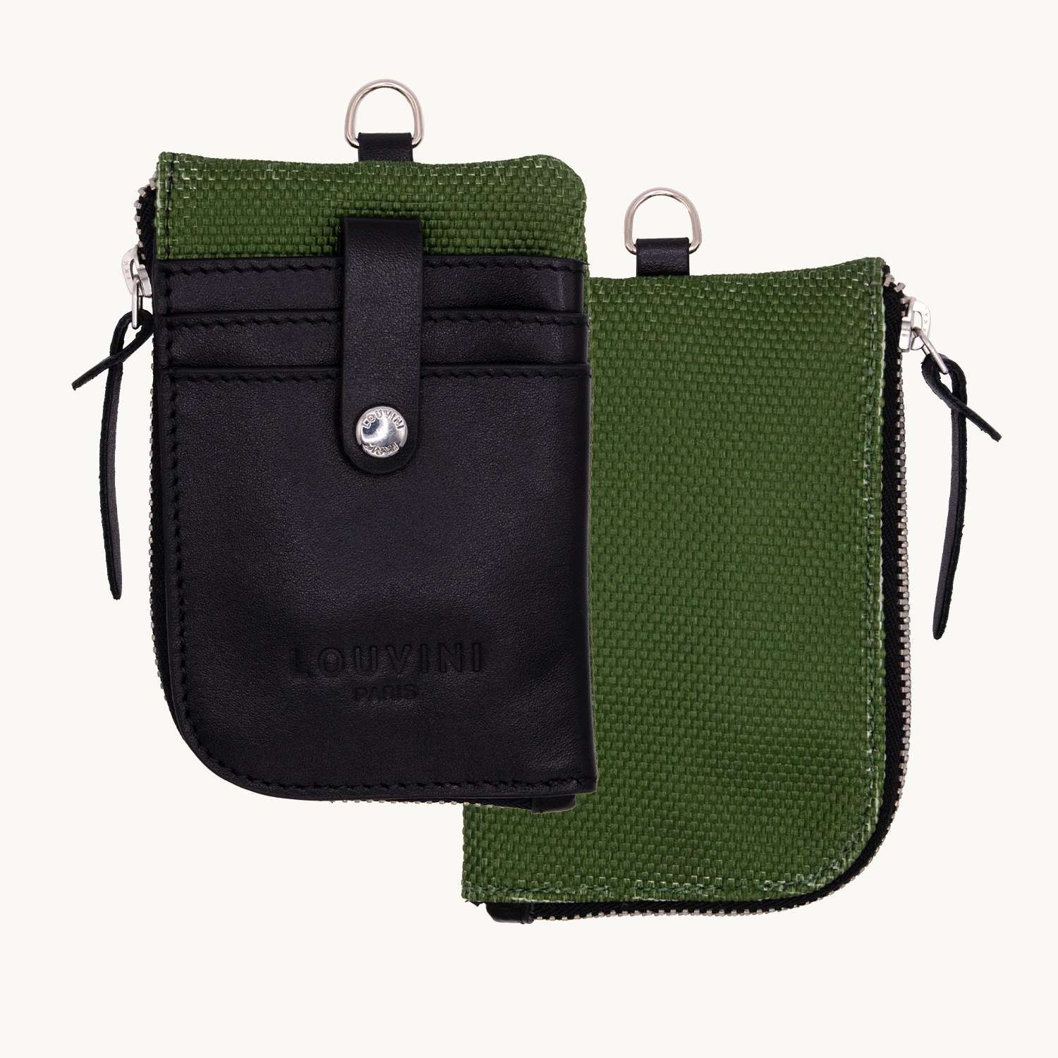 Porte-carte en tissu et cuir avec porte-clé intégré