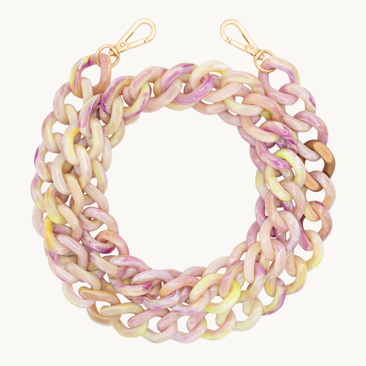 Chaîne bandouliere maillons jaune violet beige pour telephone avec mousquetons