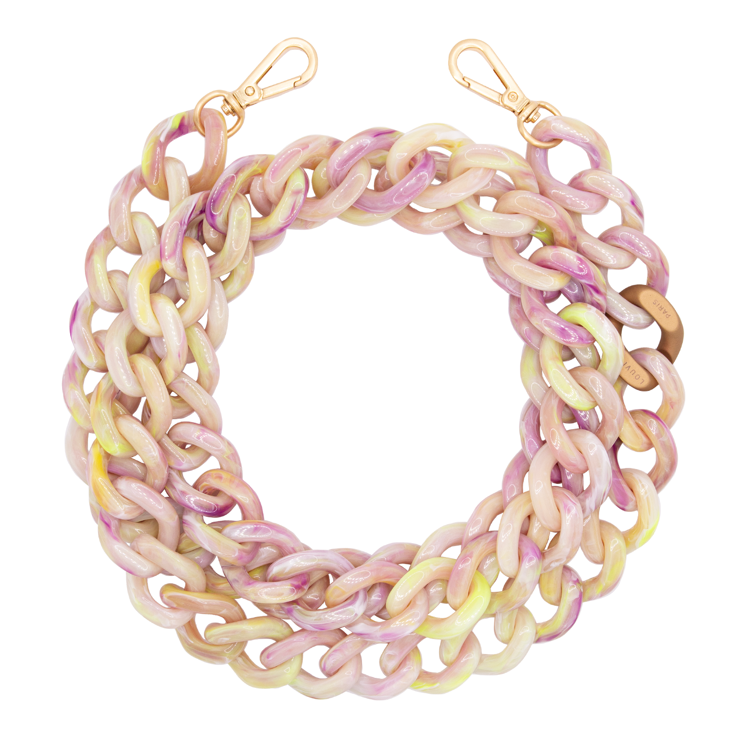 Chaîne bandouliere maillons jaune violet beige pour telephone avec mousquetons