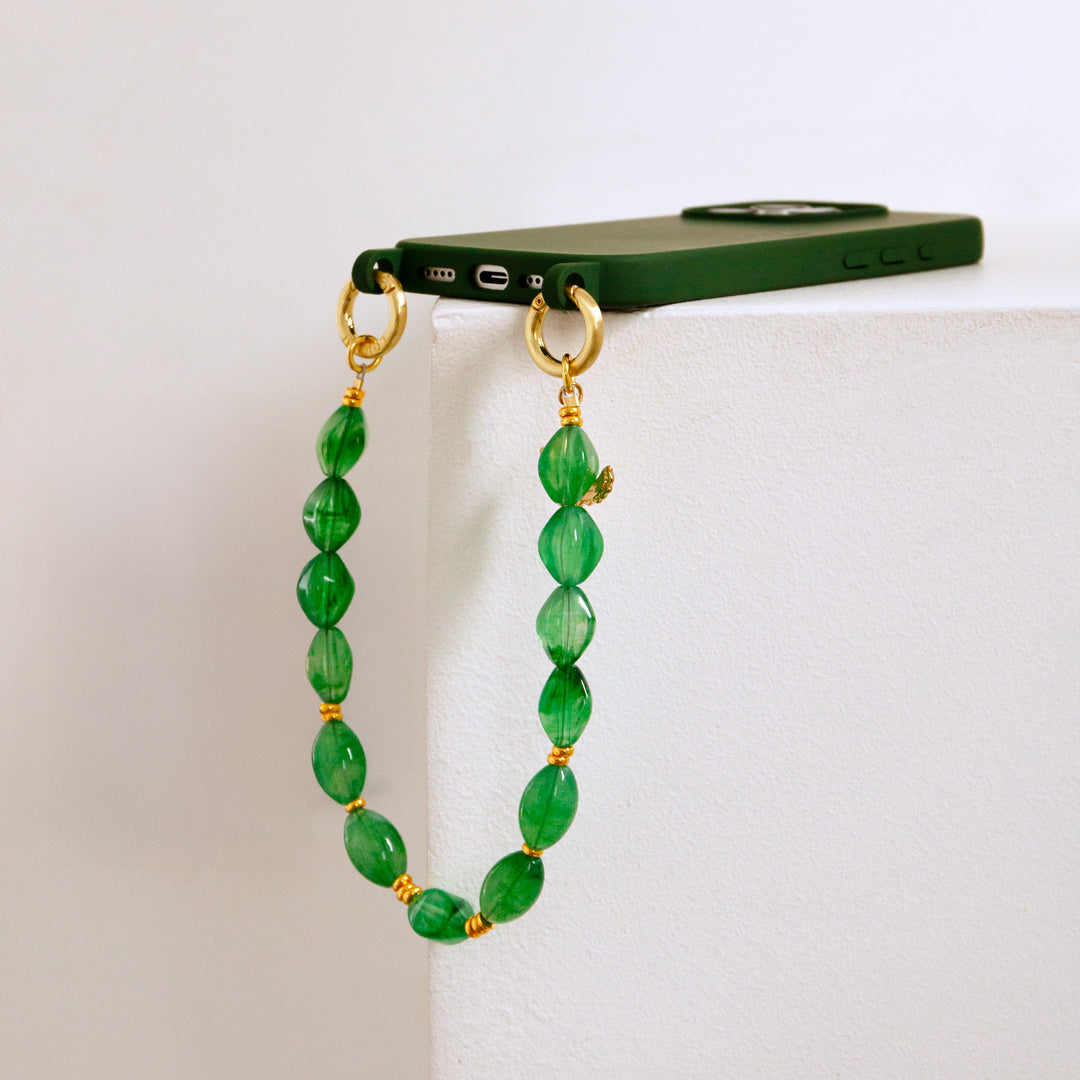 coque iphone et bracelet de téléphone à perles vertes transparentes louvini