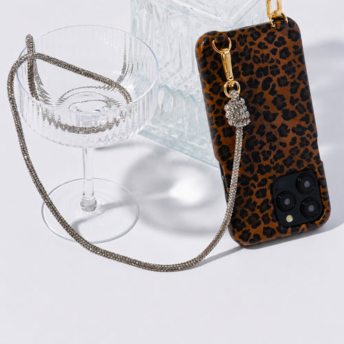 coque en cuir imprimé léopard et cordon bandoulière de téléphone à strass argenté
