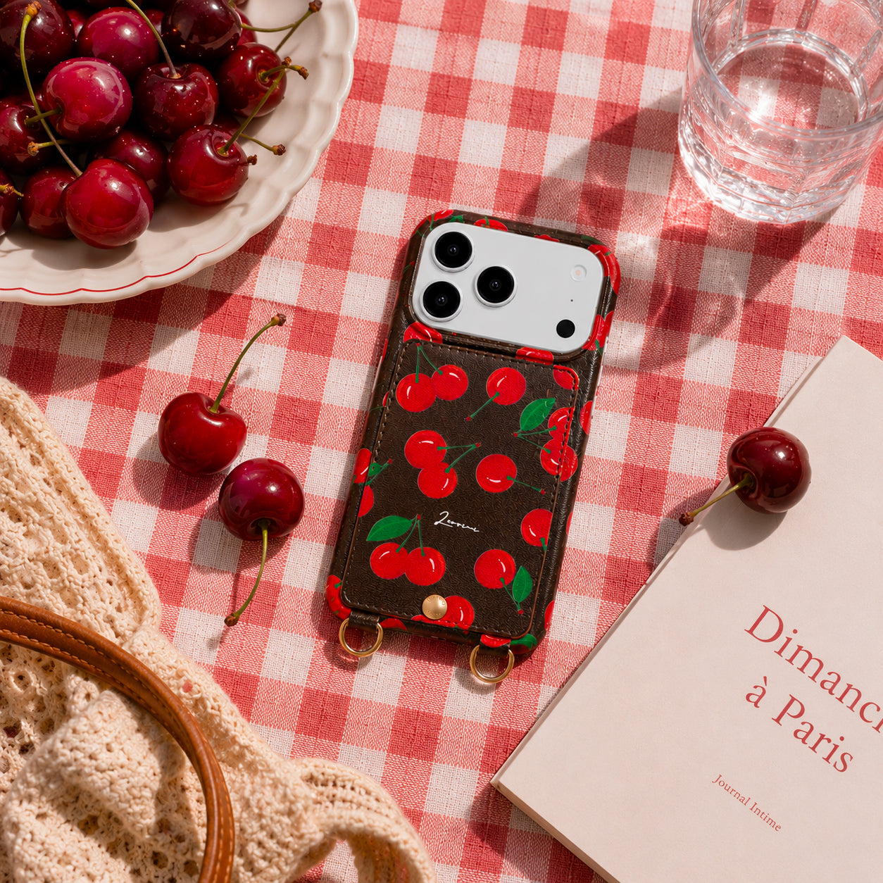 coque iphone en cuir imprimé cerises