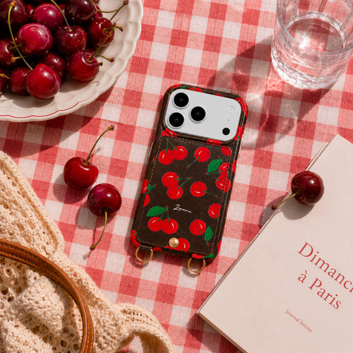 coque iphone en cuir imprimé cerises