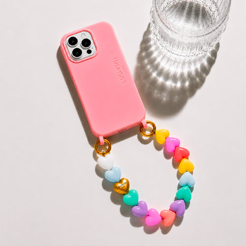 coque iphone rose magsafe à anneaux et bracelet de téléphone à perles coeurs multicolore pastel
