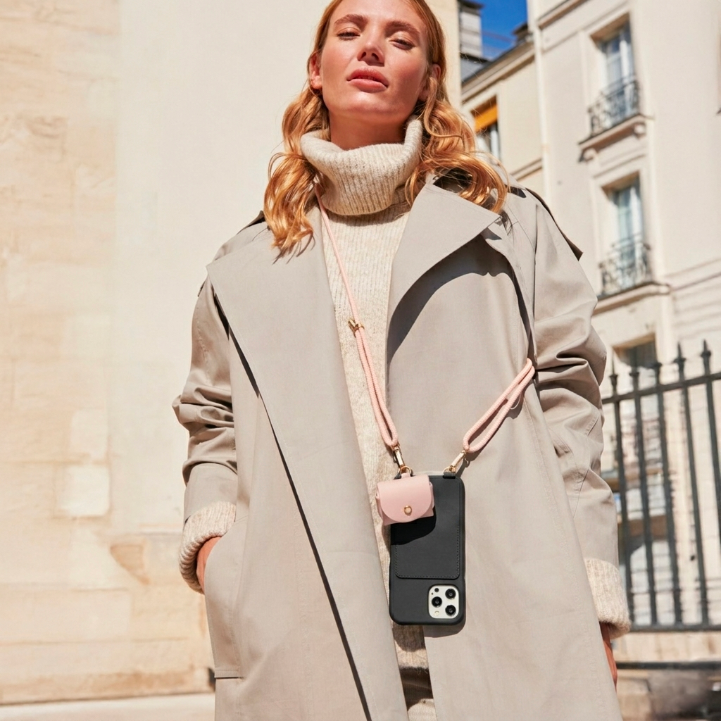 coque iphone en cuir noir et cordon ajustable rose poudré avec étui airpods