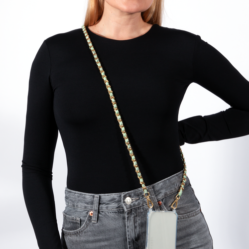 Chaîne pour téléphone dorée avec tissu bandana vert 