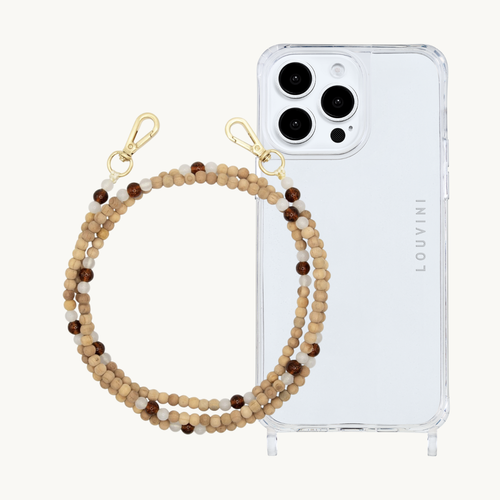 ensemble coque iPhone et chaîne de téléphone en perle de bois 