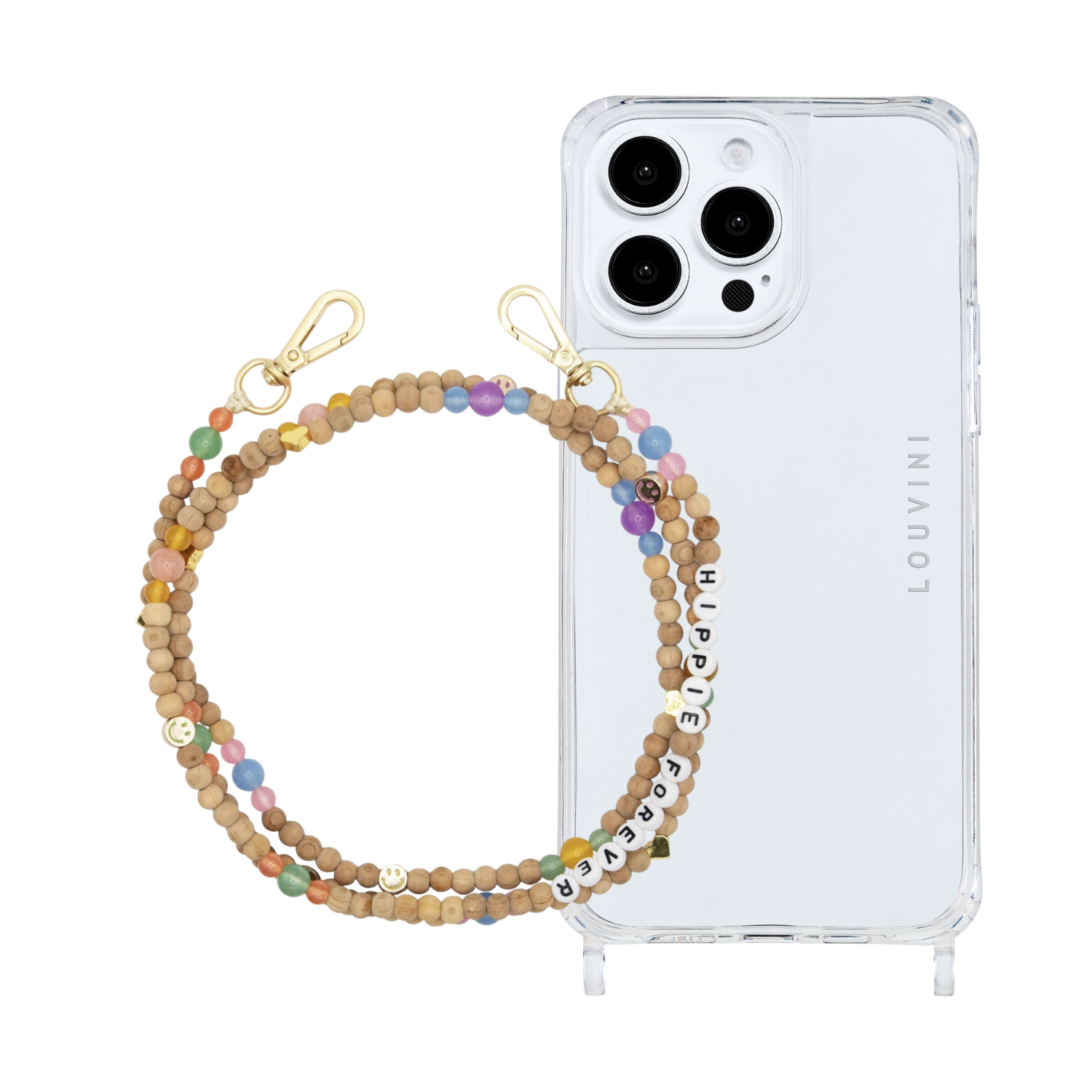 ensemble coque iPhone et chaîne de téléphone en perle de bois 