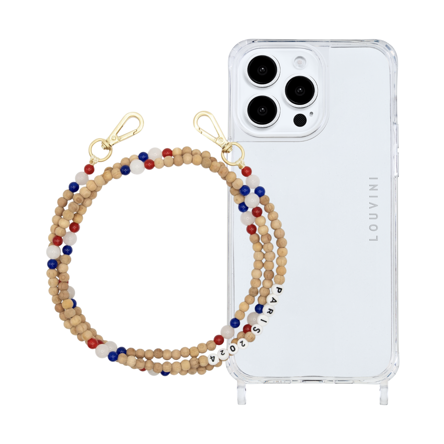 ensemble coque de téléphone en transparente avec bandoulière en perle