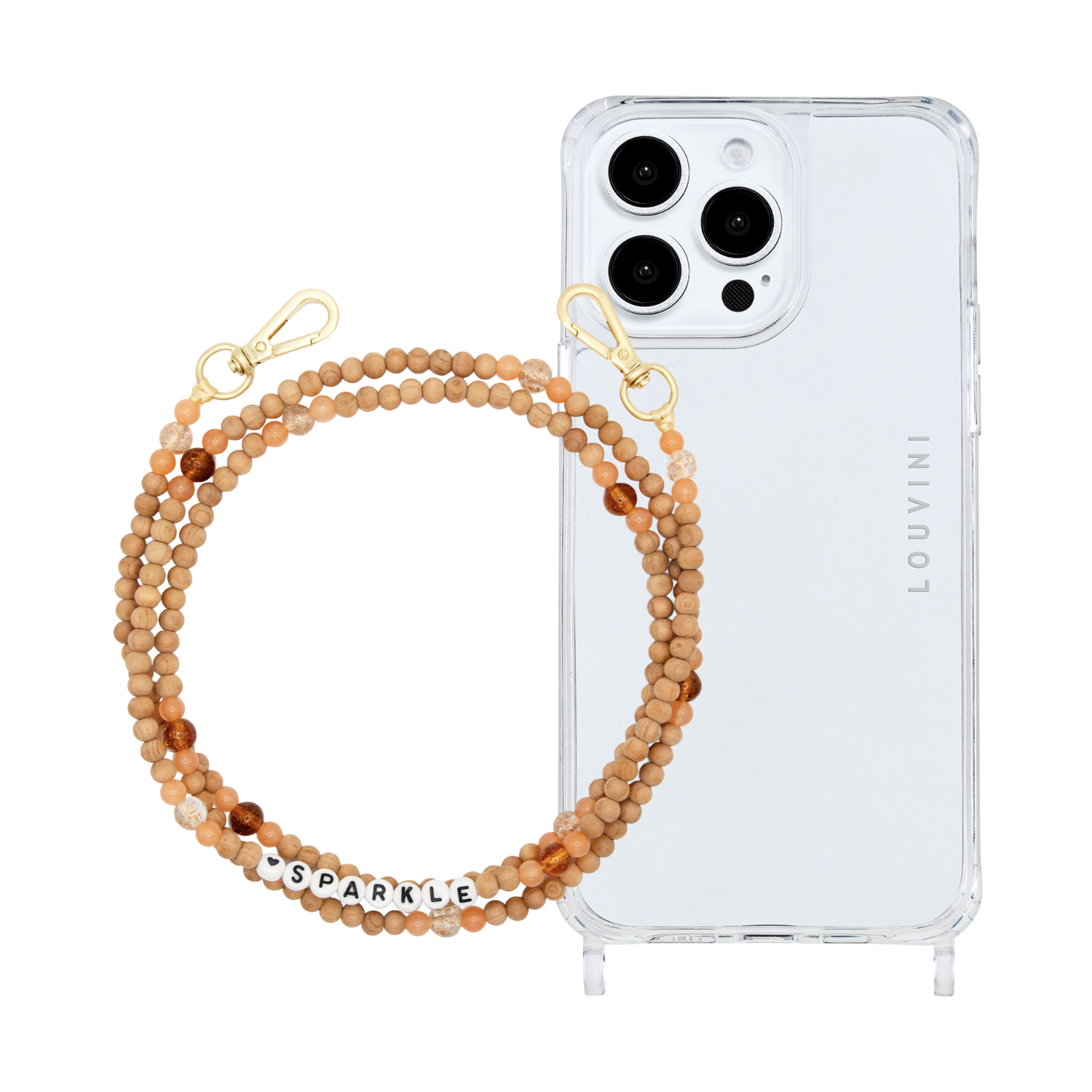 ensemble coque iPhone et chaîne de téléphone en perle de bois 