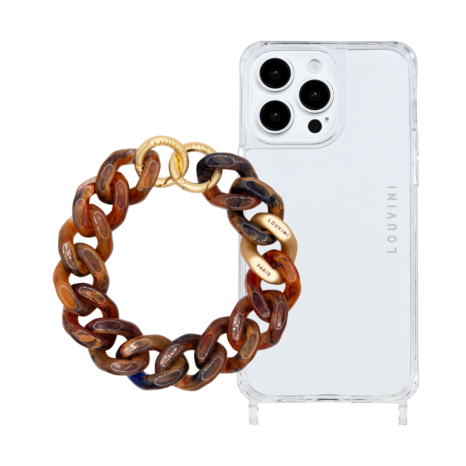 ensemble coque de téléphone transparente avec bracelet brun 