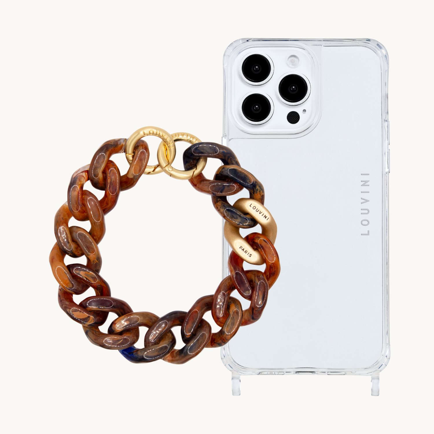 ensemble coque de téléphone transparente avec bracelet brun 