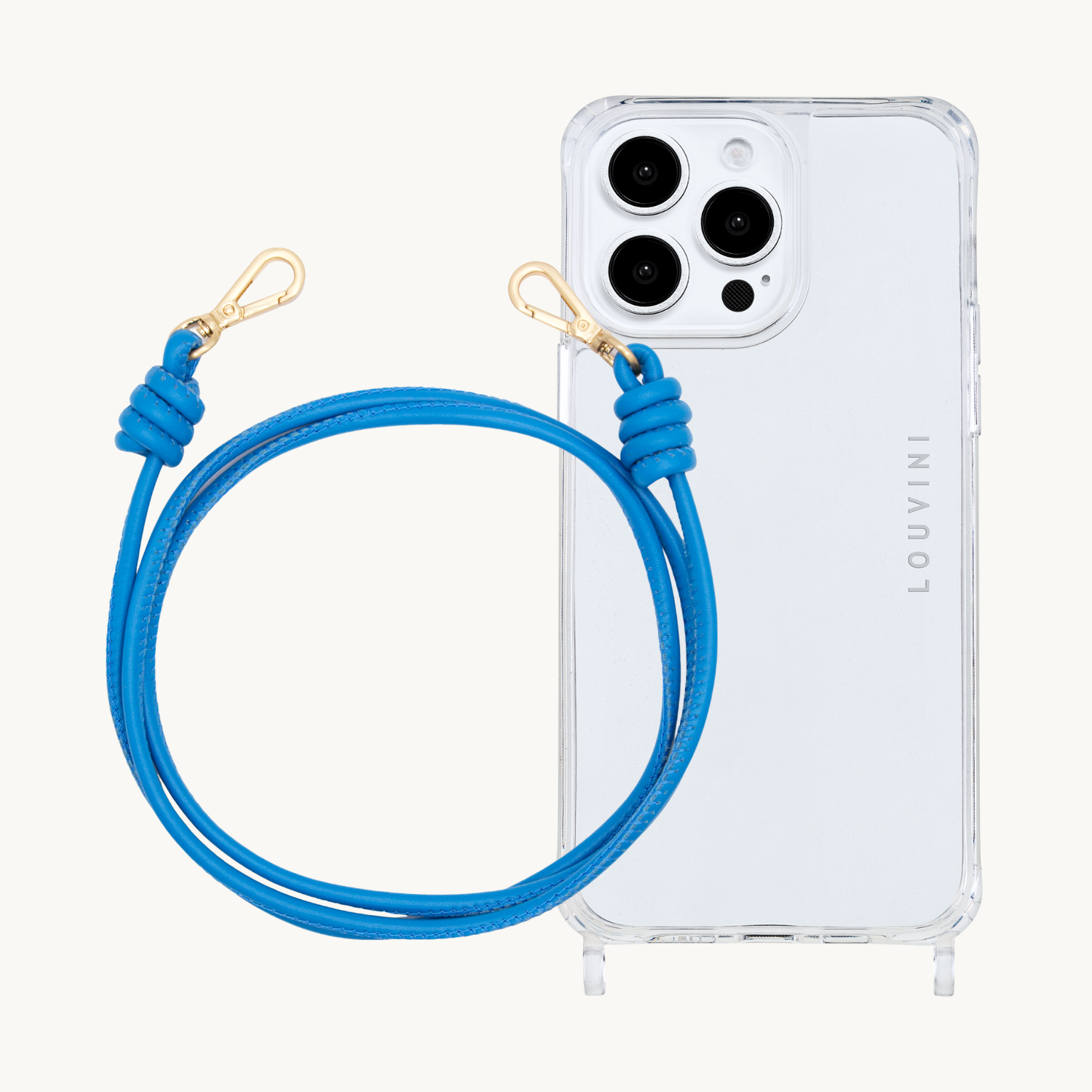 ensemble coque de téléphone transparente avec cordon en cuir bleu 