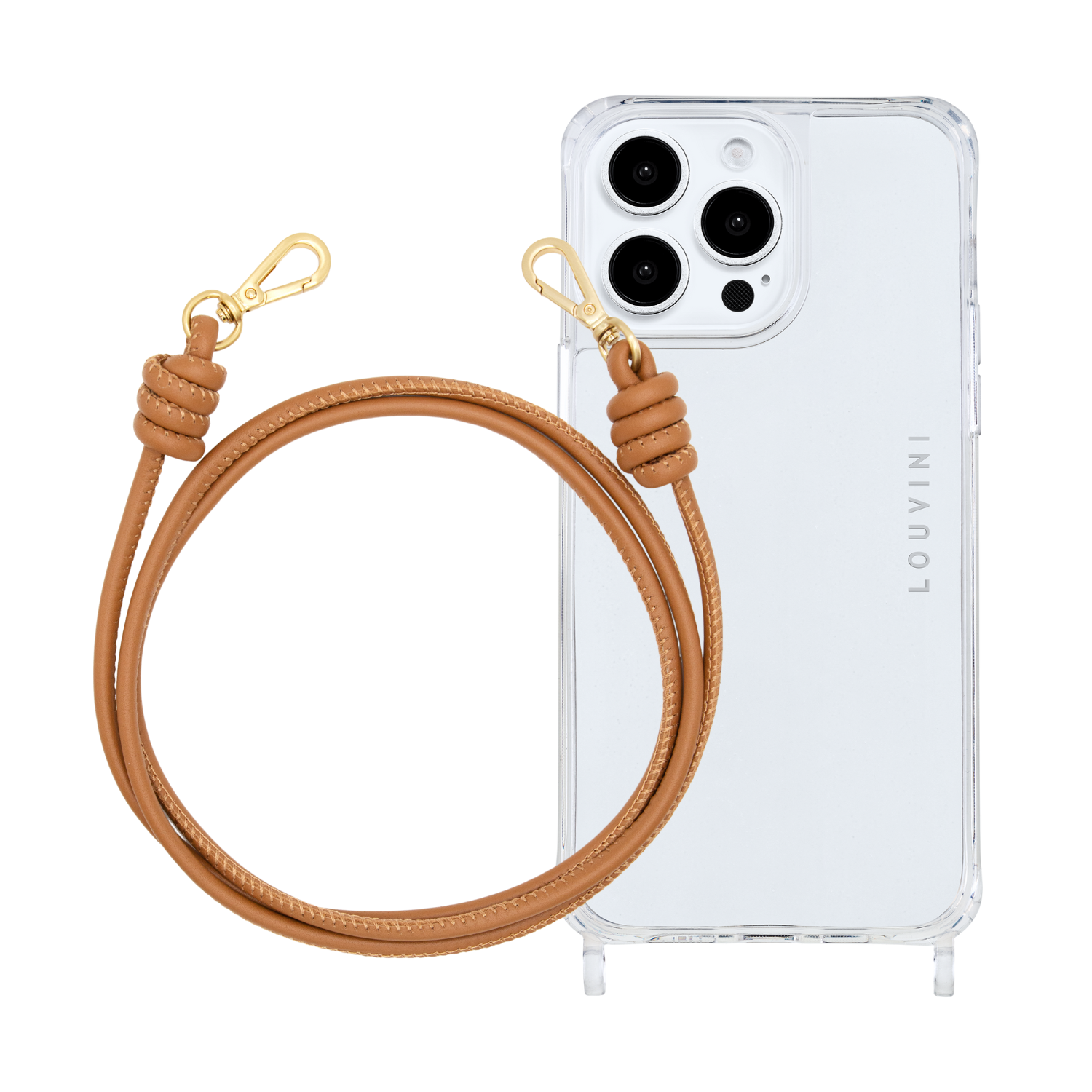 ensemble coque pour téléphone transparente avec cordon cuir camel 