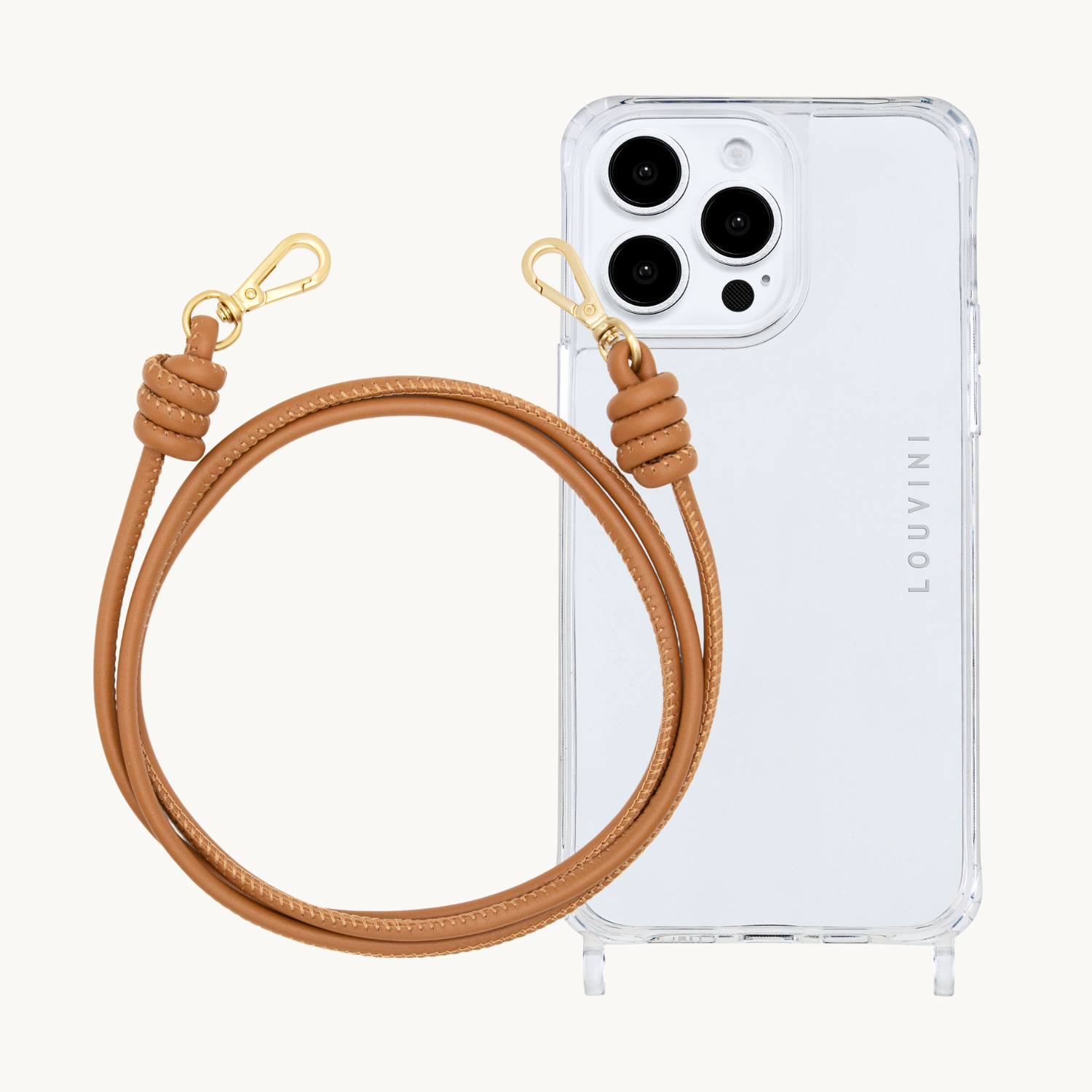 ensemble coque pour téléphone transparente avec cordon cuir camel 