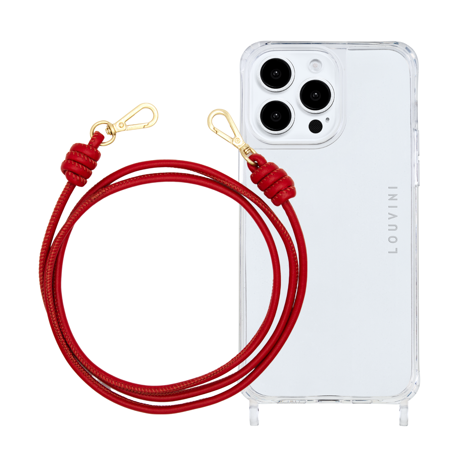 ensemble coque pour téléphone transparente avec cordon cuir rouge