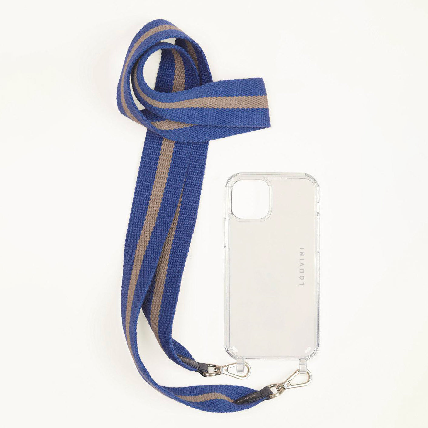 sangle bandoulière pour telephone bleu beige avec mousquetons et coque transparente