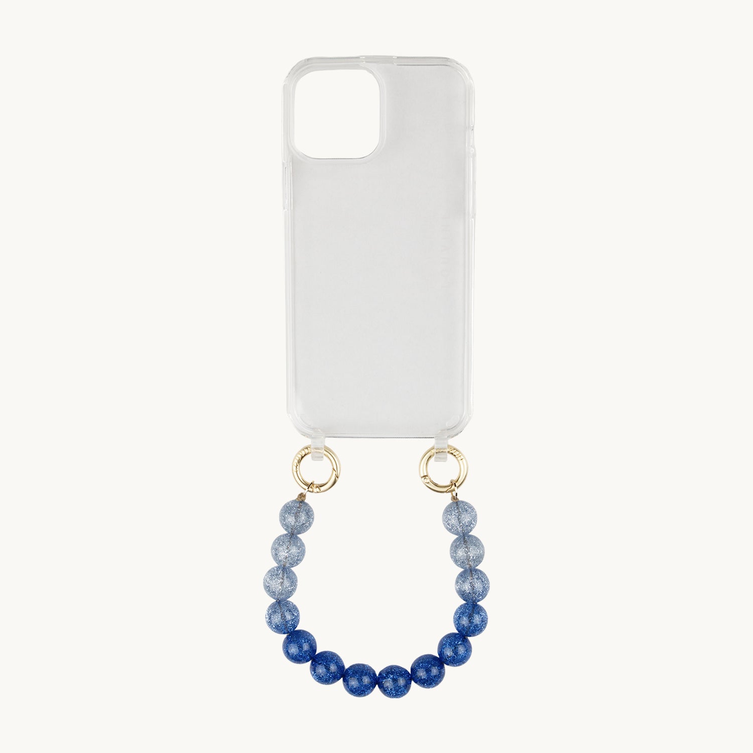 bracelet pour telephone bleu a perles dégradé pailleté et coque transparente