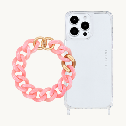 ensemble Coque de téléphone transparente avec bracelet à grosses mailles en résine
