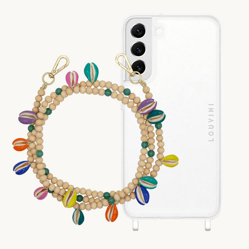 ensemble coque pour téléphone transparente et cordon perle multicolor