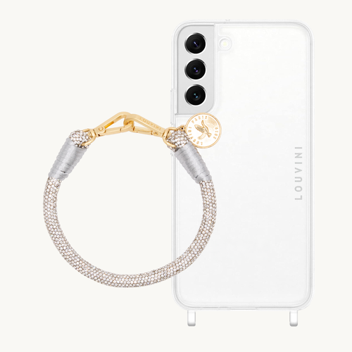 ensemble coque samsung et bracelet de téléphone argenté à strass