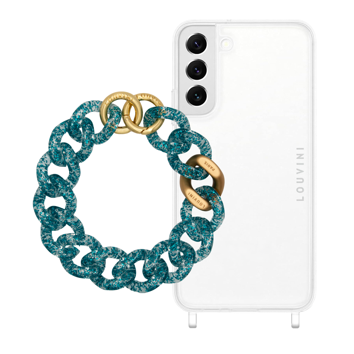 ensemble coque de téléphone transparente avec bracelet paillette