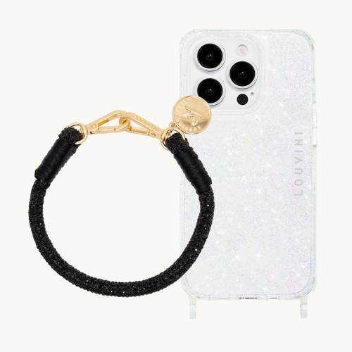 ensemble coque transparente à paillettes et bracelet de téléphone à strass