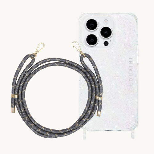 ensemble coque de téléphone transparente à paillettes et cordon gris doré