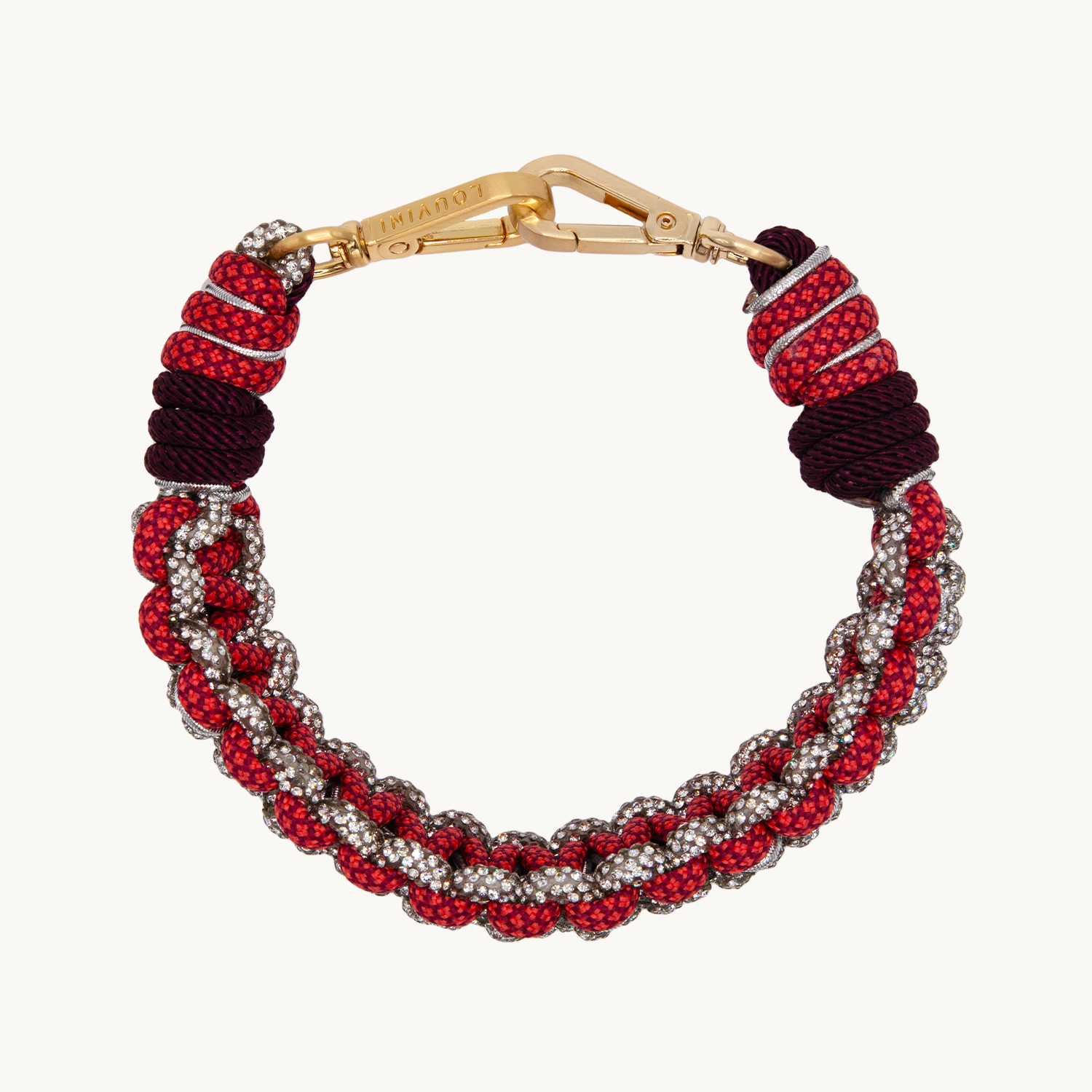 Bracelet de téléphone tressé à strass rouge et argenté