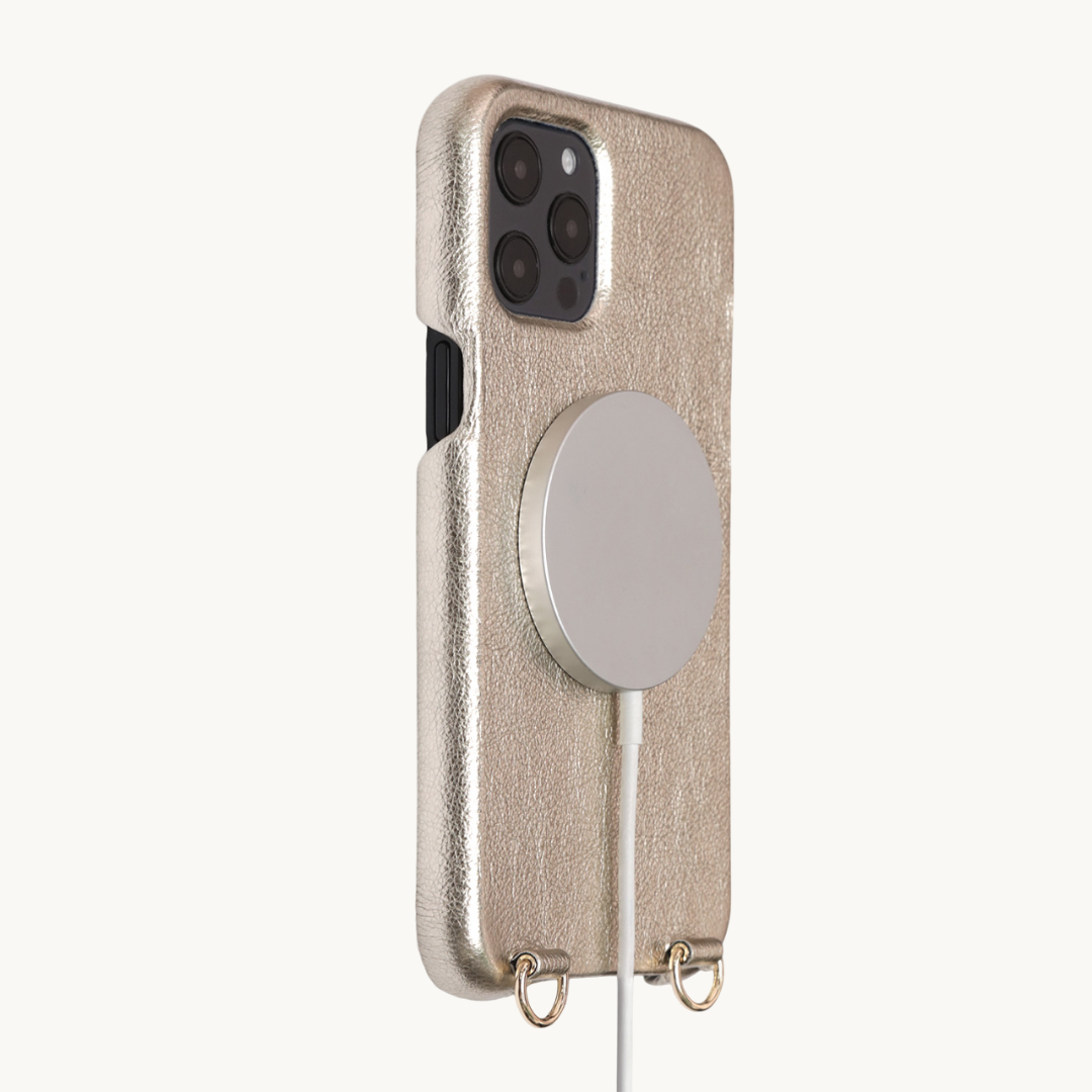 LEATHER IPHONE CASE WITH LOOPS AND MAGSAFE MAX - METALLIC GOLD