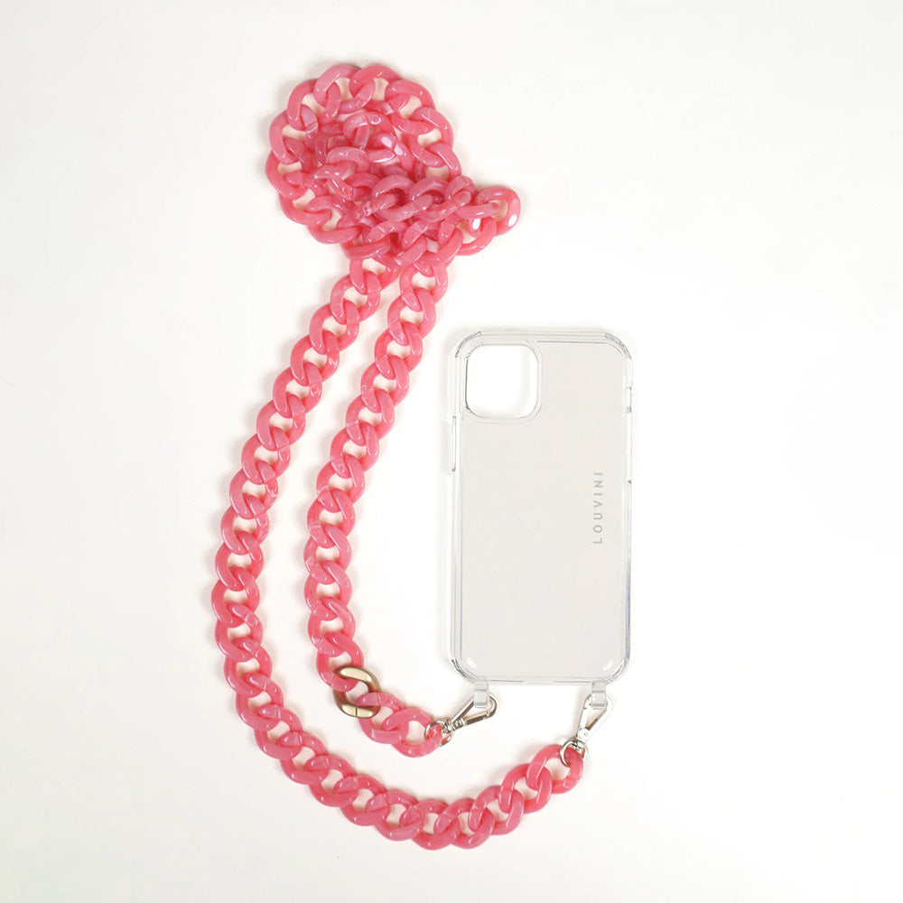 bandouliere chaine telephone corail avec coque transparente