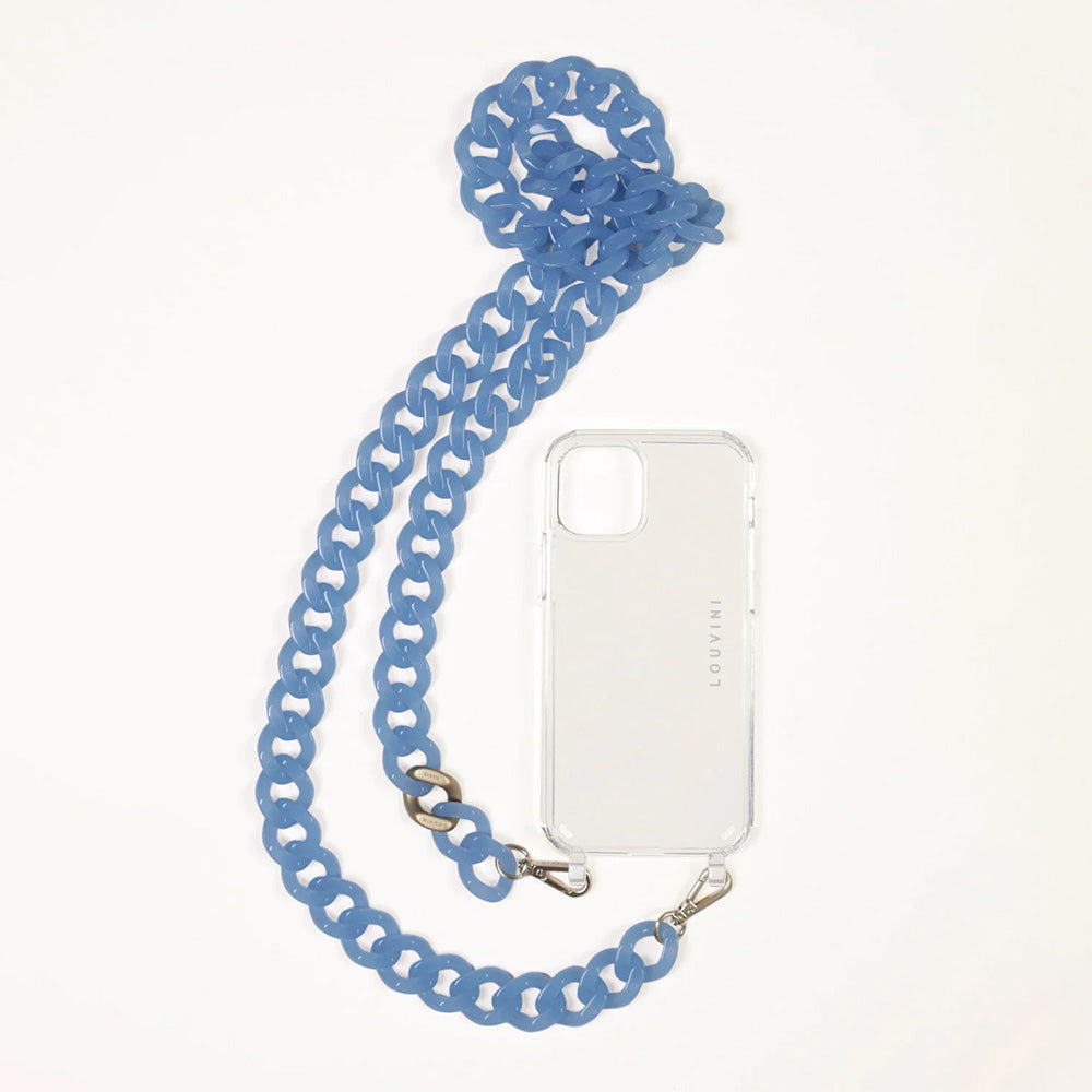 Chaîne telephone bandouliere maillons bleu coque transparente