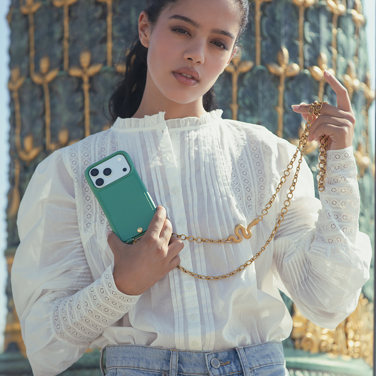 Leather iPhone Case with wallet and loops LOU - Emerald 