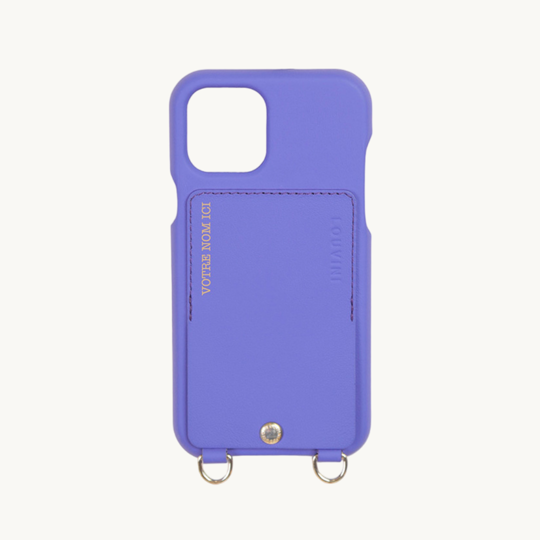 LEATHER IPHONE CASE WITH WALLET AND LOOPS LOU - PURPLE (PERSONALISABLE)