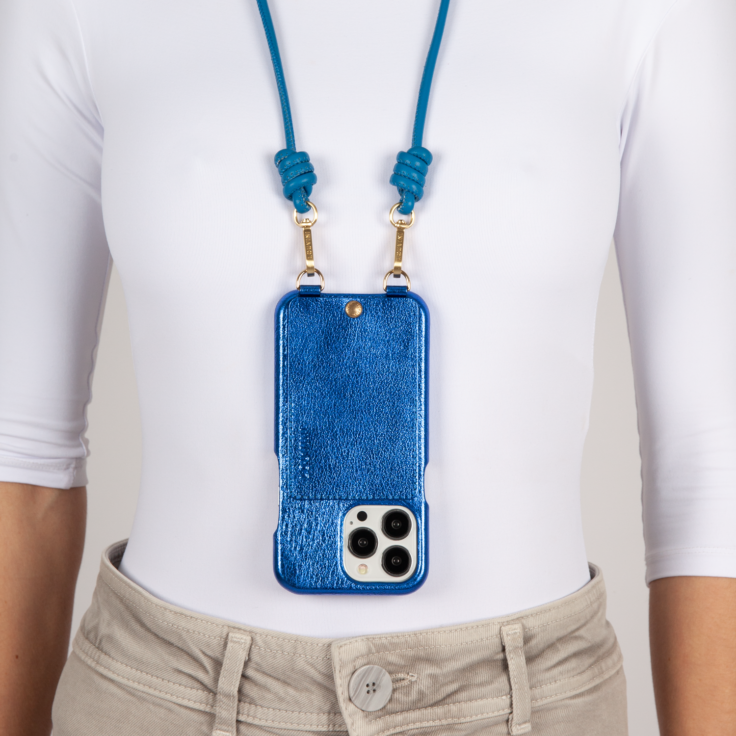 LEATHER IPHONE CASE WITH WALLET AND LOOPS LOU - METALLIC BLUE