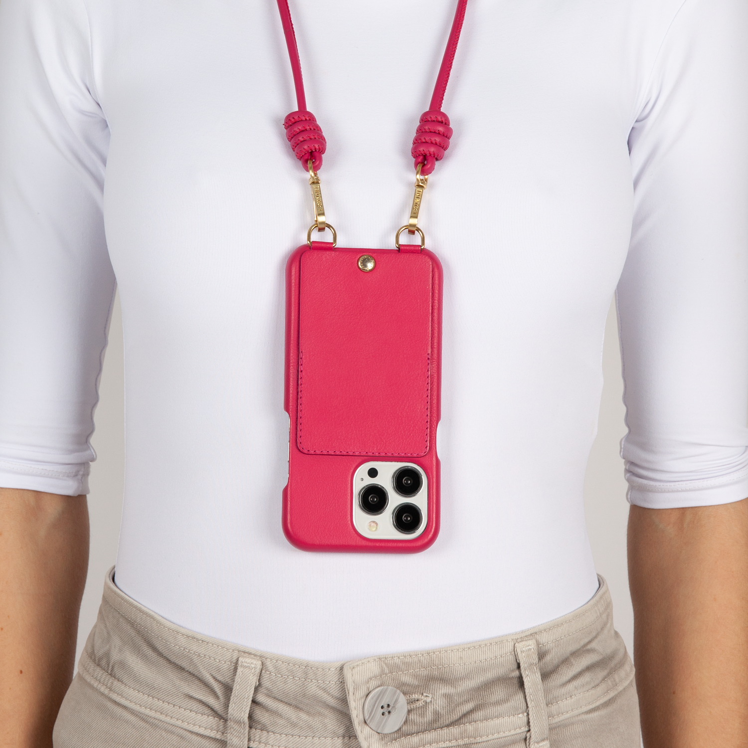 LEATHER IPHONE CASE WITH WALLET AND LOOPS LOU - FUCHSIA 