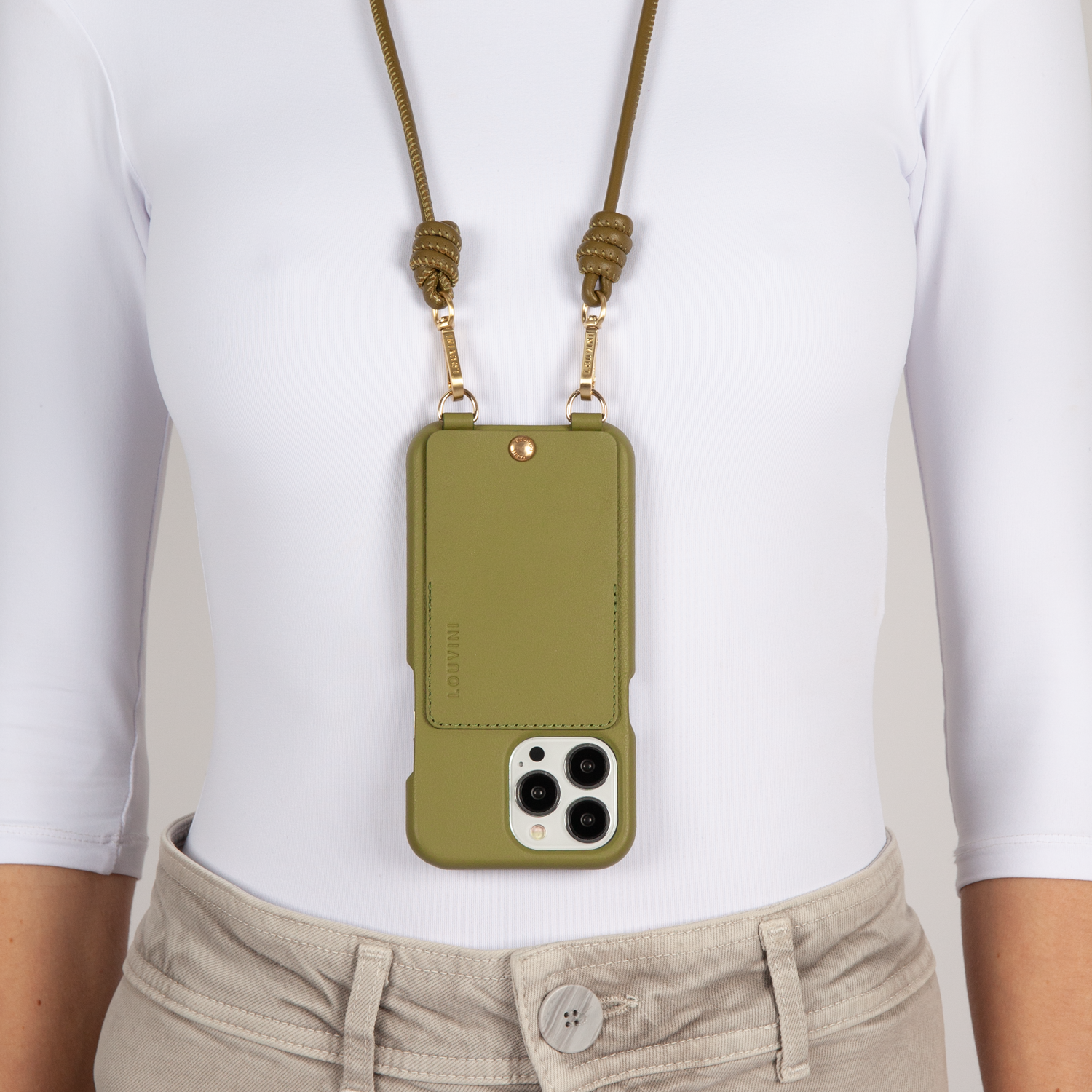 LEATHER IPHONE CASE WITH WALLET AND LOOPS LOU - KHAKI