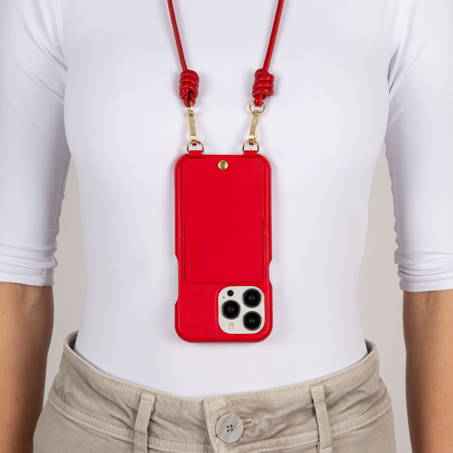 Coque iPhone cuir porte carte avec anneaux LOU Rouge et cordon cuir