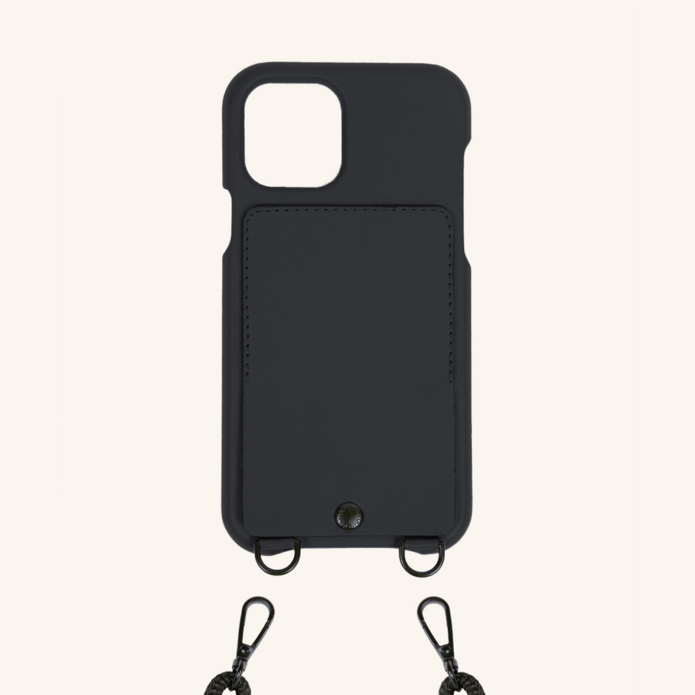 LEATHER IPHONE CASE WITH WALLET AND LOOPS LOU - BLACK (PERSONALISABLE)