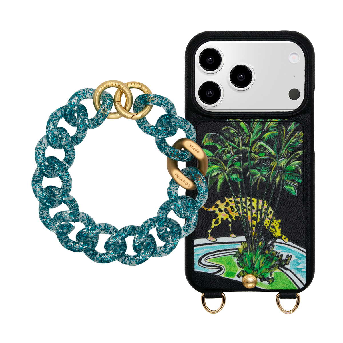 LOU x FILIPE JARDIM Black iPhone Case & Bracelet PETIT ZOE Glitter Blue
