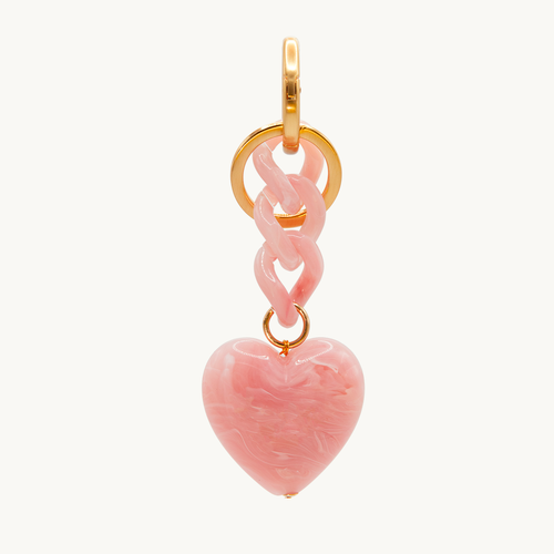 Porte-clés avec mousqueton doré, chaîne en résine rose et pendentif cœur effet marbre